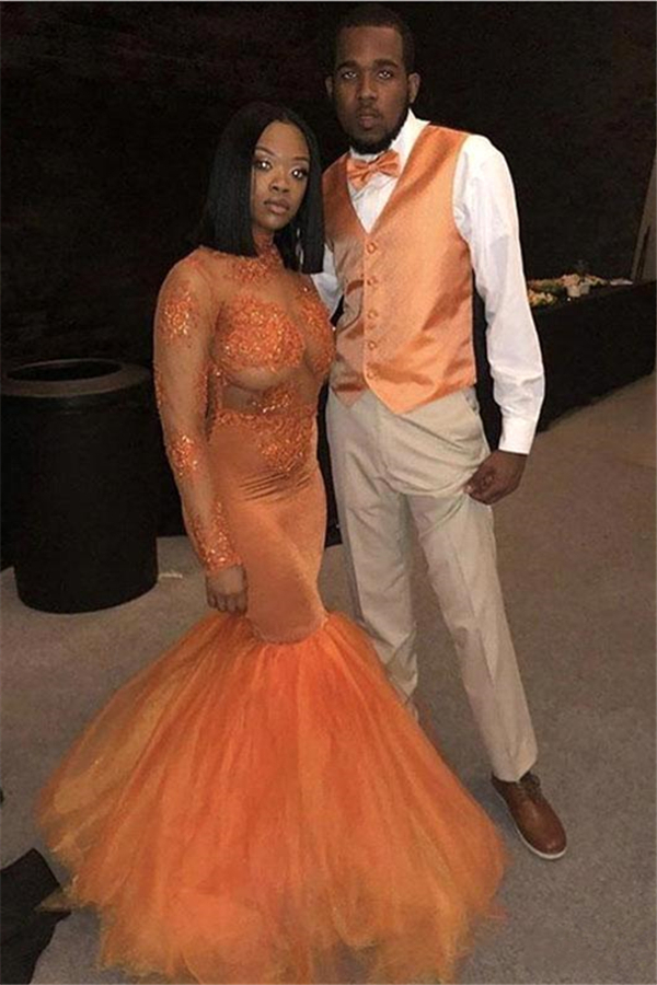 Orange Mermaid Tulle Prom Dress | Affordable Sexy Long-Sleeves Evening Gown