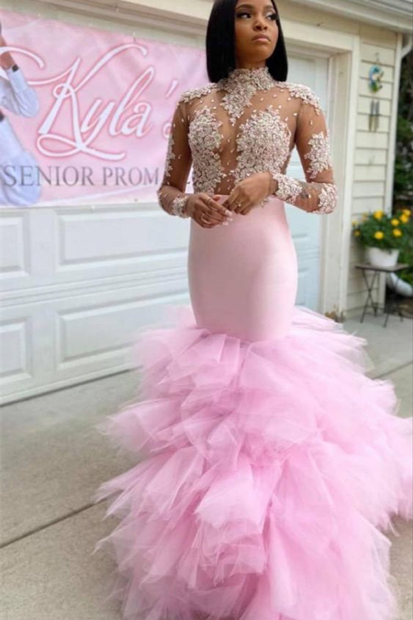 Peach Pink Lace Mermaid Prom Gown High Neck Evening Dress with Sleeves