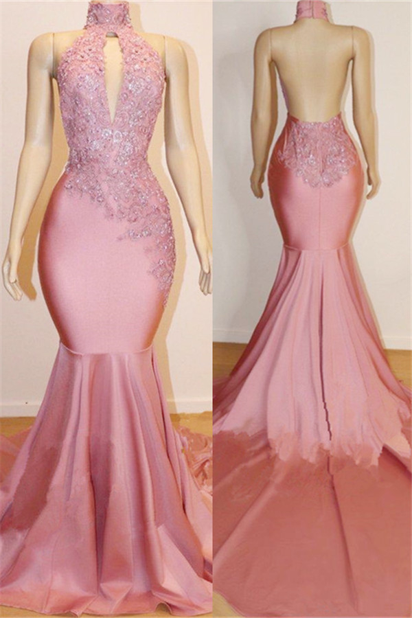 Pink Beaded Applique Backless Prom Dress Mermaid Evening Dress