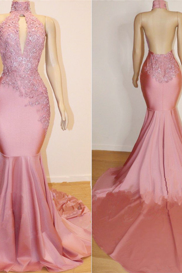 Pink Beaded Applique Backless Prom Dress Mermaid Evening Dress