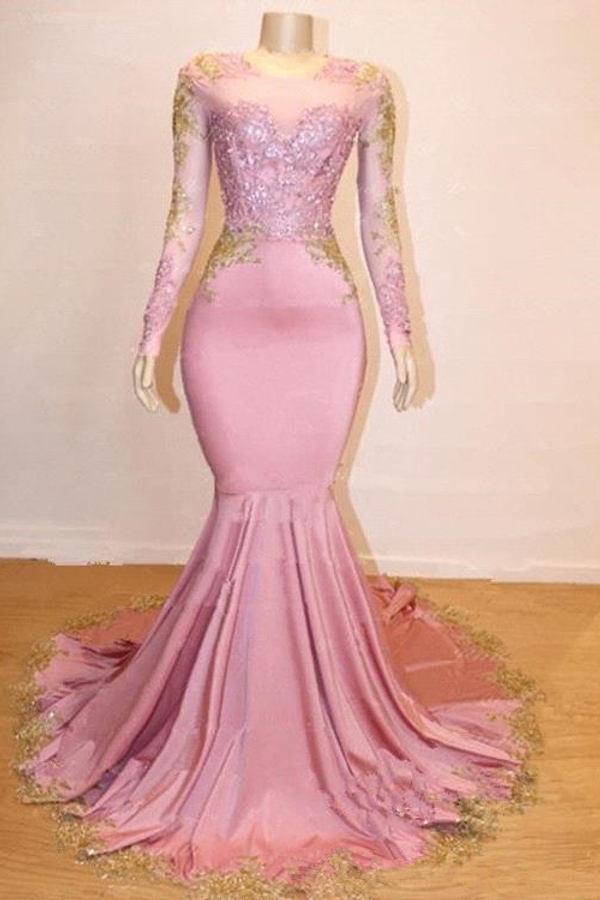 Pink Mermaid Long Sleeves Prom Dresses Gold Appliques Evening Dresses Online