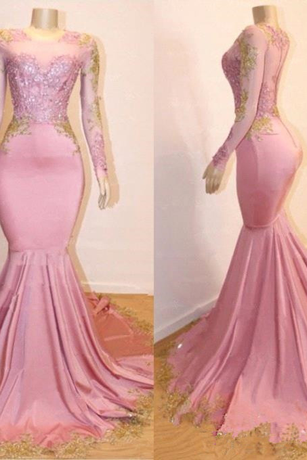 Pink Mermaid Long Sleeves Prom Dresses Gold Appliques Evening Dresses Online