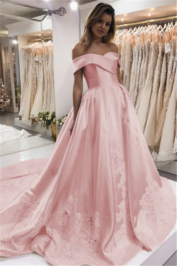 Pink Puffy Off-Shoulder Beading Satin Evening Dress with Appliques