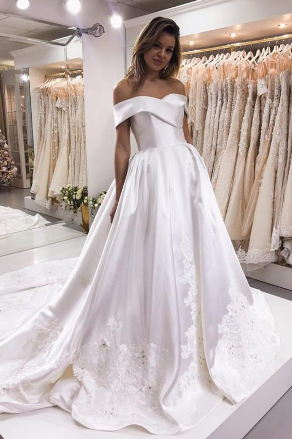 Pink Puffy Off-Shoulder Beading Satin Evening Dress with Appliques