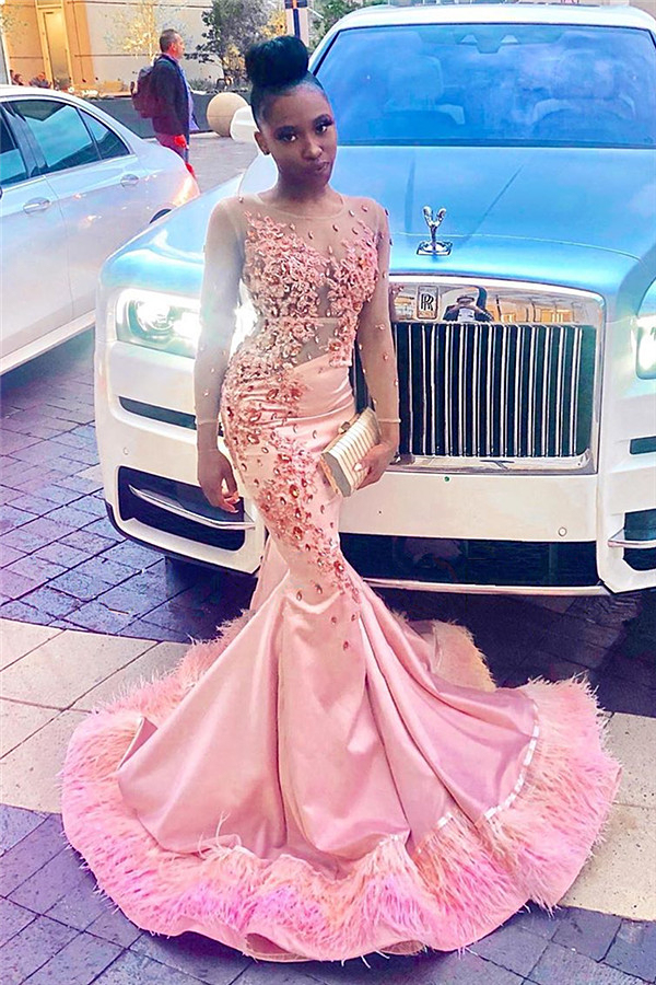 Pink Sheer Tulle Feather Mermaid Prom Dress Crystal Applique Sexy Long Sleeve Evening Gown