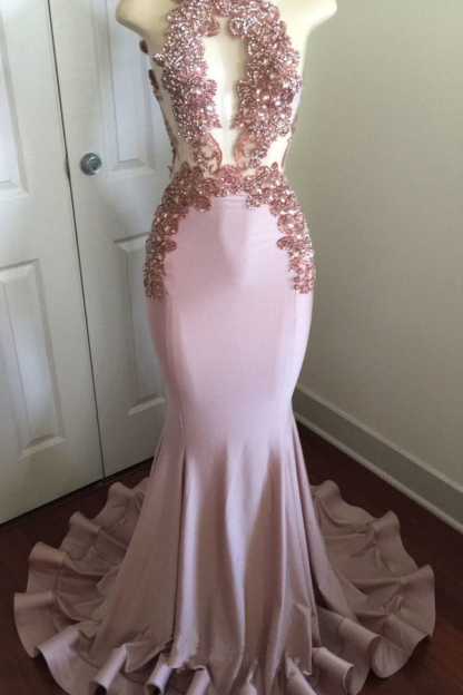 Pink Sleeveless Mermaid Prom Dress with Open Back Beaded Crystals Appliques Party Dress