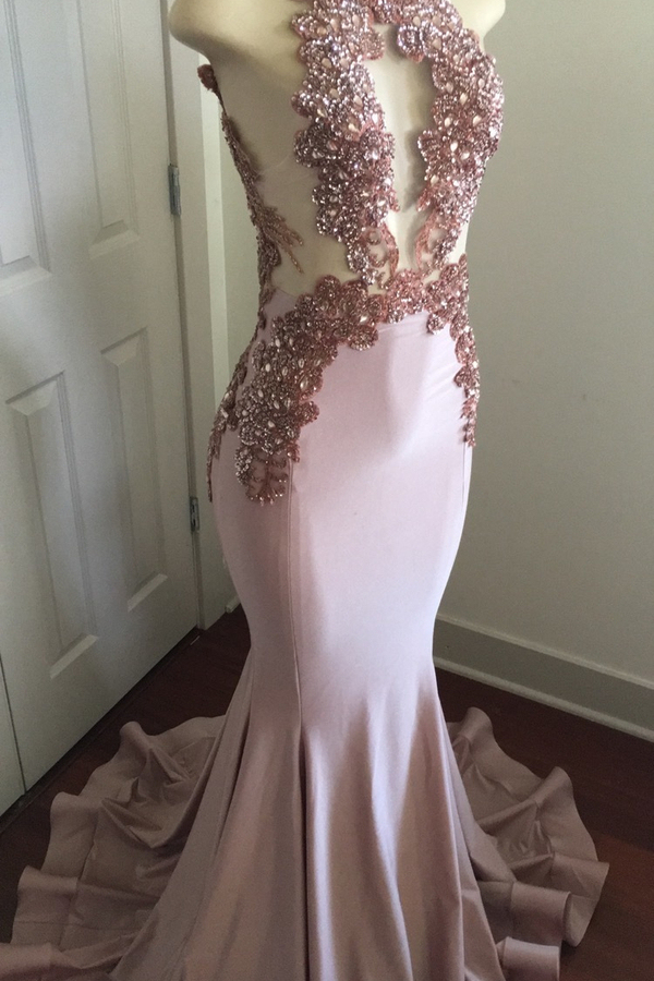 Pink Sleeveless Mermaid Prom Dress with Open Back Beaded Crystals Appliques Party Dress