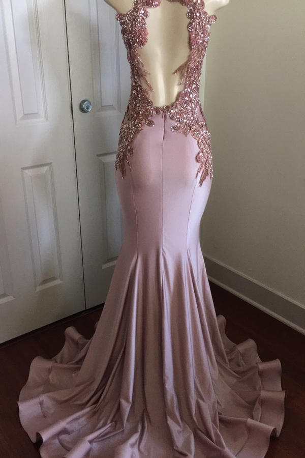 Pink Sleeveless Mermaid Prom Dress with Open Back Beaded Crystals Appliques Party Dress