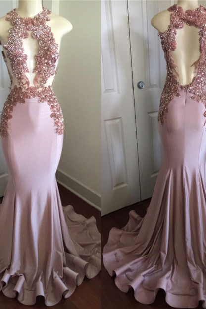 Pink Sleeveless Mermaid Prom Dress with Open Back Beaded Crystals Appliques Party Dress