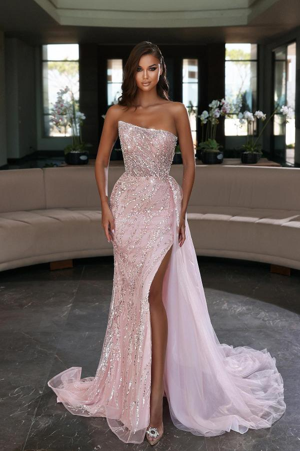 Pink Sparkly Sequins Side Slit Evening Dress Strapless Tulle Prom Gown