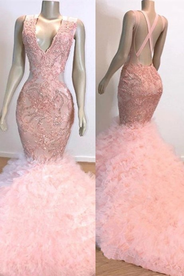 Pink V-Neck Sleeveless Mermaid Open Back Lace Prom Dress  Sexy Evening Dress
