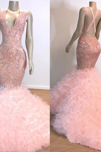 Pink V-Neck Sleeveless Mermaid Open Back Lace Prom Dress  Sexy Evening Dress