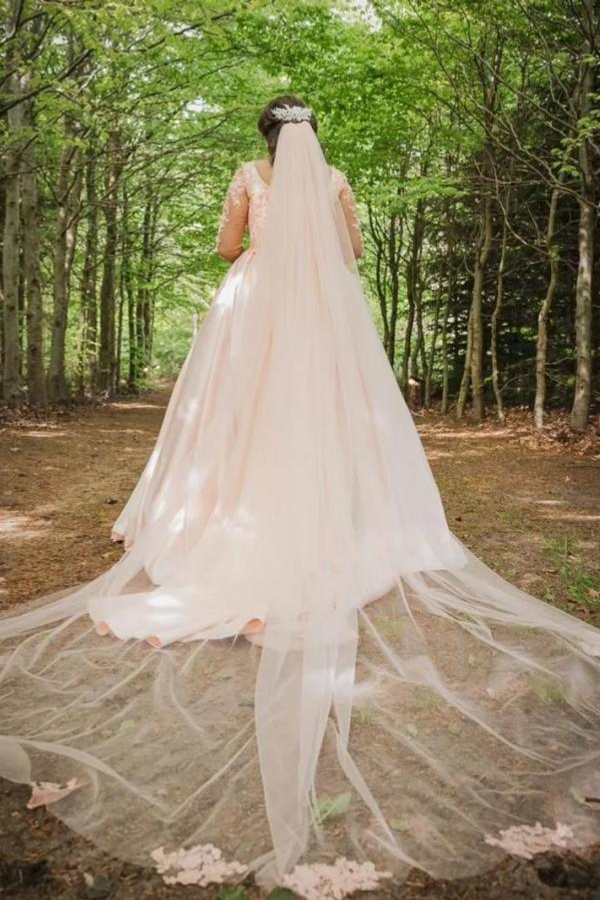 Plus Size Floral Tulle A-Line Wedding Dress with Long Sleeves