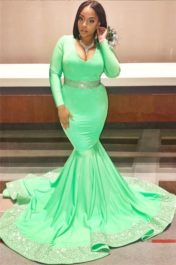 Plus Size Long Sleeve Green Prom Dress | Mermaid Sparkling Appliqué Evening Gown