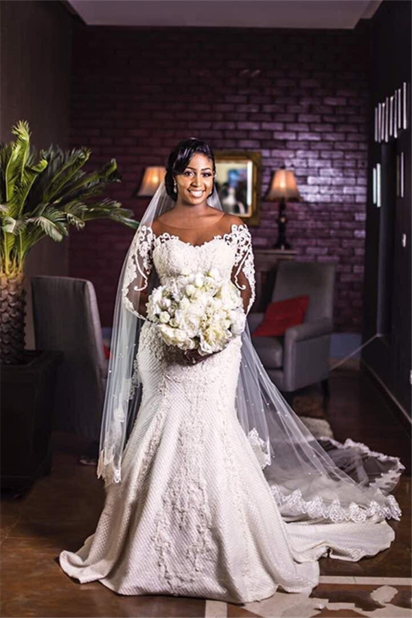 Plus Size Sheer Tulle Long Sleeve Mermaid Wedding Dress with Appliques
