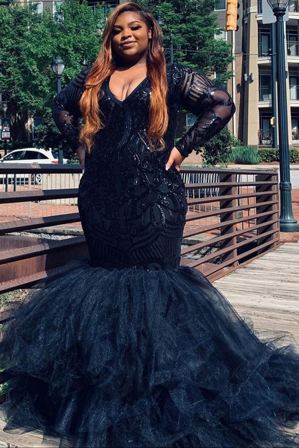 Plus Size V-Neck Mermaid Evening Gown | Sparkly Feather Prom Gown