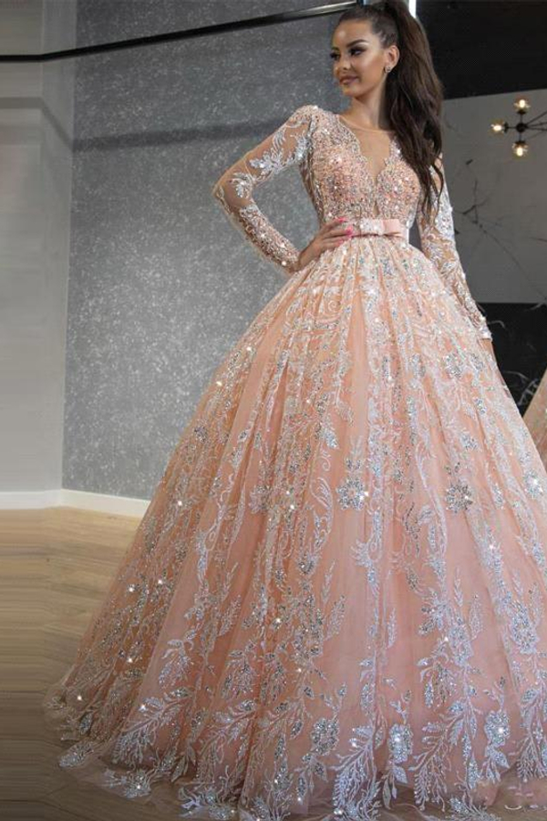 Princess Pink Long Sleeve A-Line High Waist Lace Belt Wedding Dress
