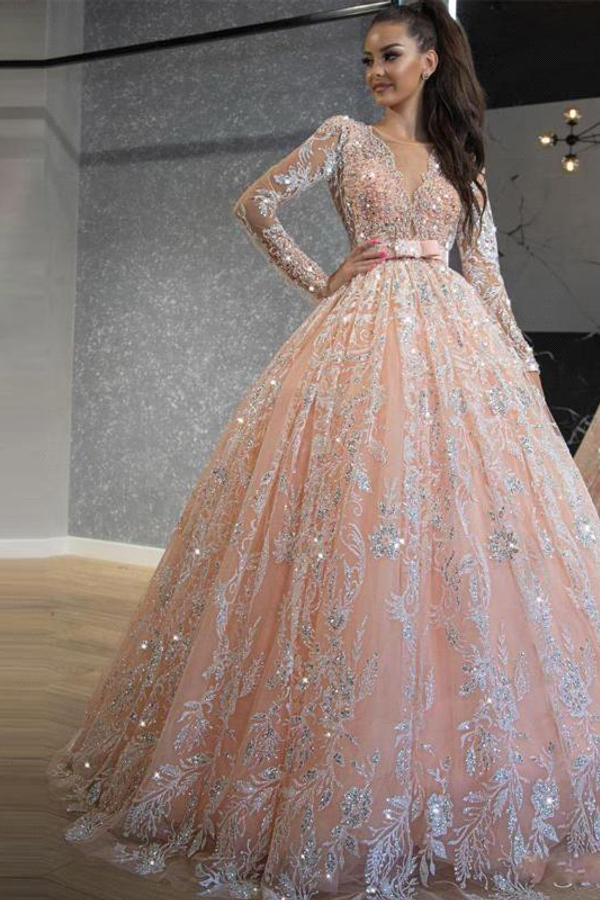 Princess Pink Long Sleeve A-Line High Waist Lace Belt Wedding Dress