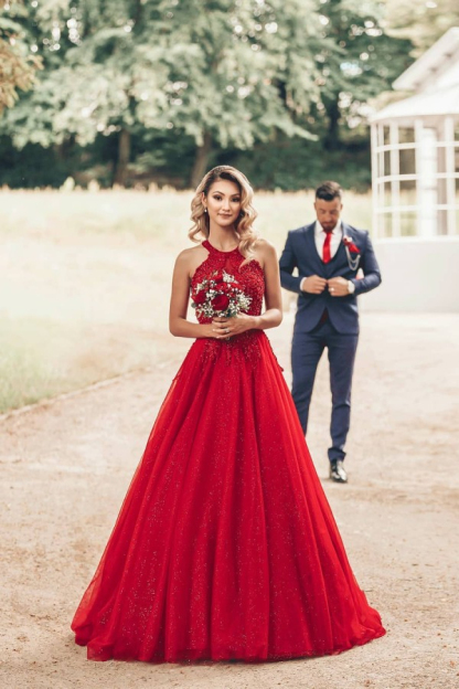 Red Halter Glitter A-Line Evening Gown Sparkly Sleeveless Floor Length Party Dress
