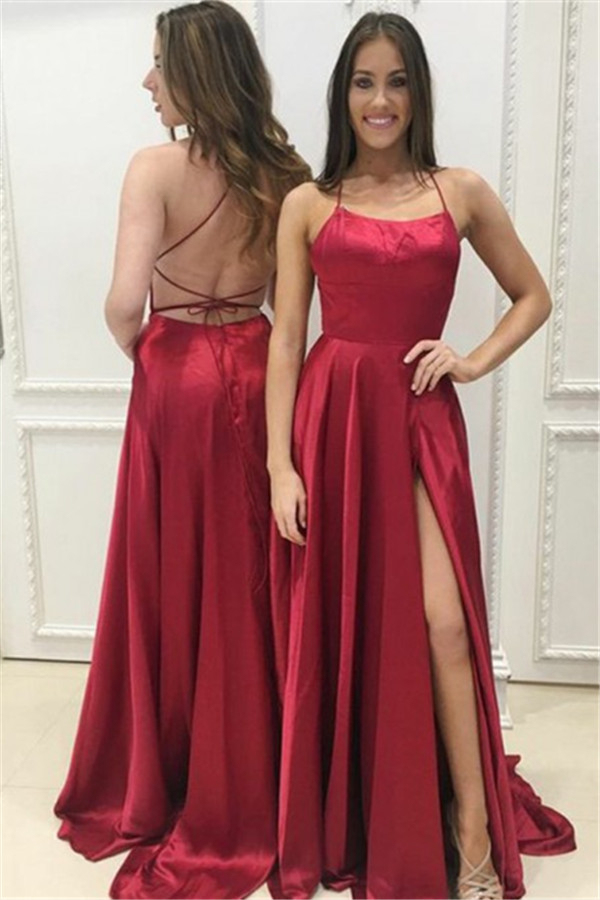 Red Halter Open Back Side Slit Evening Dress | A-Line Formal Dress
