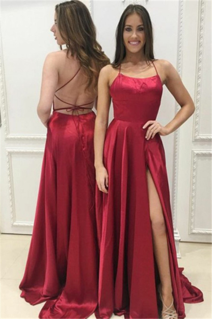 Red Halter Open Back Side Slit Evening Dress | A-Line Formal Dress