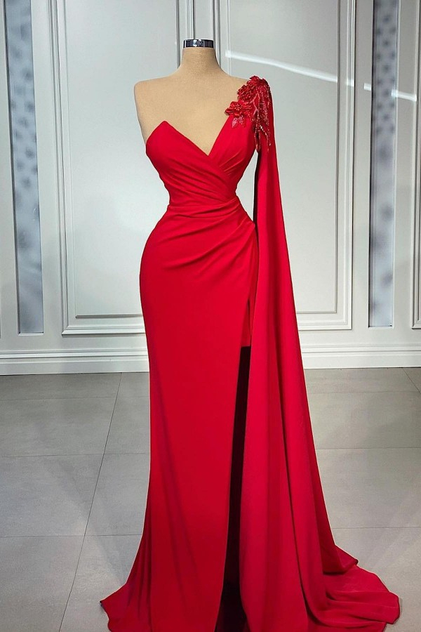 Red Long One-Shoulder Evening Dress Designer Prom Dress with Cape