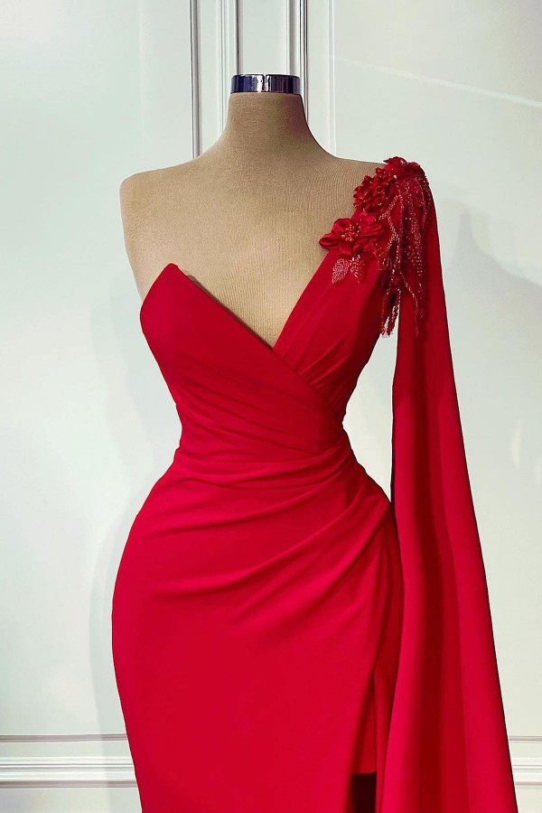 Red Long One-Shoulder Evening Dress Designer Prom Dress with Cape