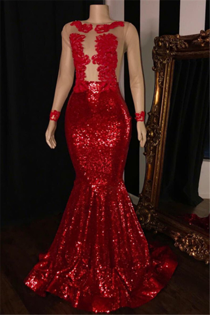 Red Long Sleeve Prom Dress Sexy Sequins Evening Dress