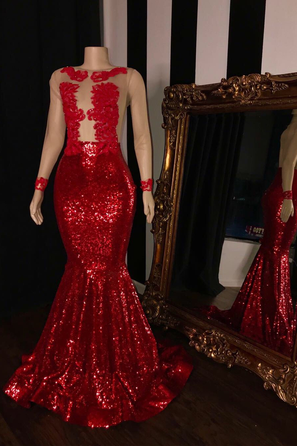 Red Long Sleeve Prom Dress Sexy Sequins Evening Dress