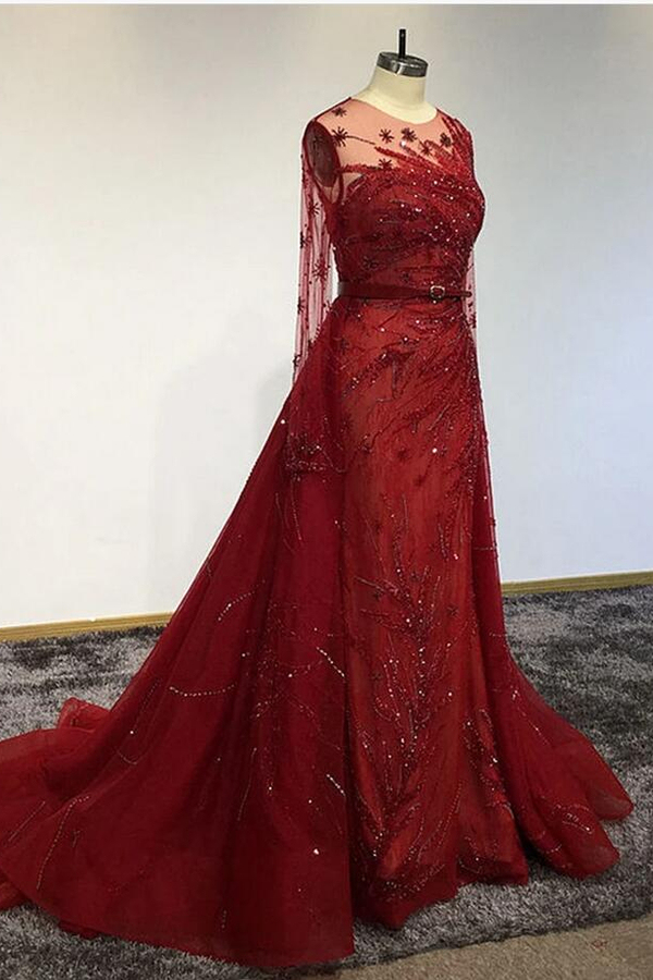 Red Long Sleeves Beading Mermaid Evening Gown with Detachable Train