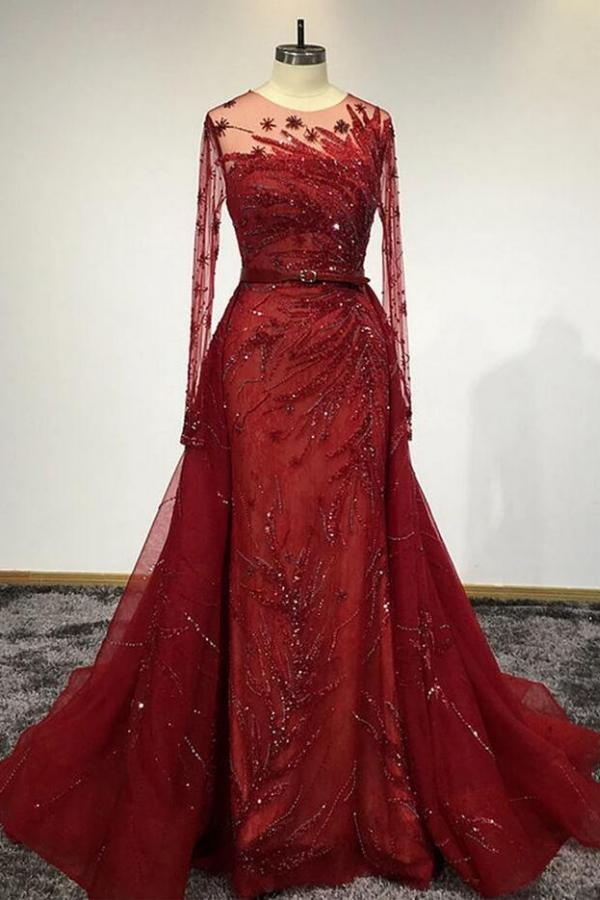Red Long Sleeves Beading Mermaid Evening Gown with Detachable Train