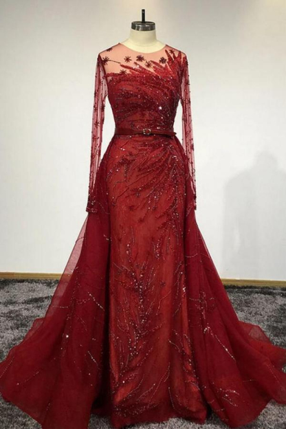 Red Long Sleeves Beading Mermaid Evening Gown with Detachable Train