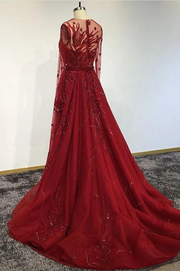 Red Long Sleeves Beading Mermaid Evening Gown with Detachable Train