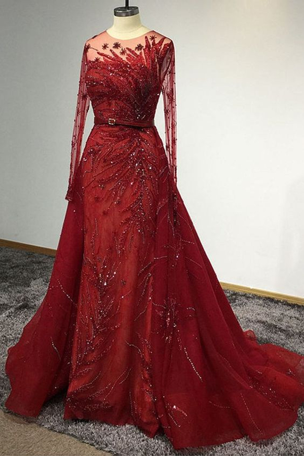 Red Long Sleeves Beading Mermaid Evening Gown with Detachable Train