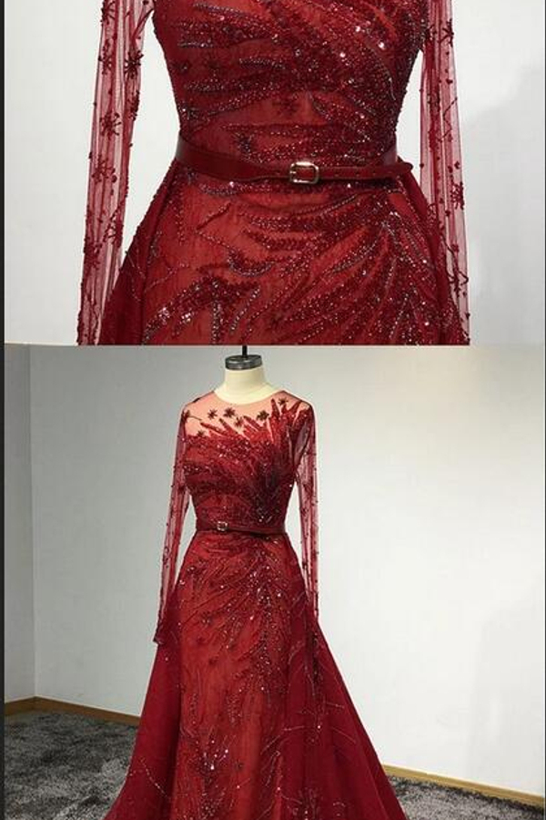 Red Long Sleeves Beading Mermaid Evening Gown with Detachable Train