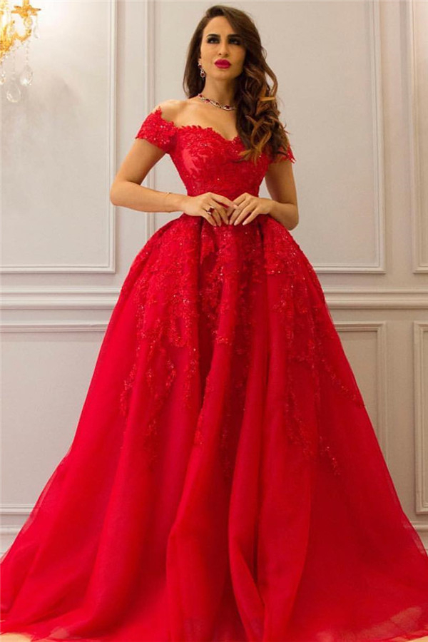 Red Off-the-Shoulder Lace Evening Dress A-Line Beaded Prom Dress
