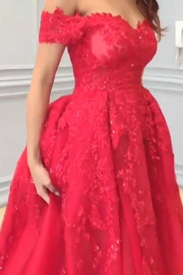 Red Off-the-Shoulder Lace Evening Dress A-Line Beaded Prom Dress