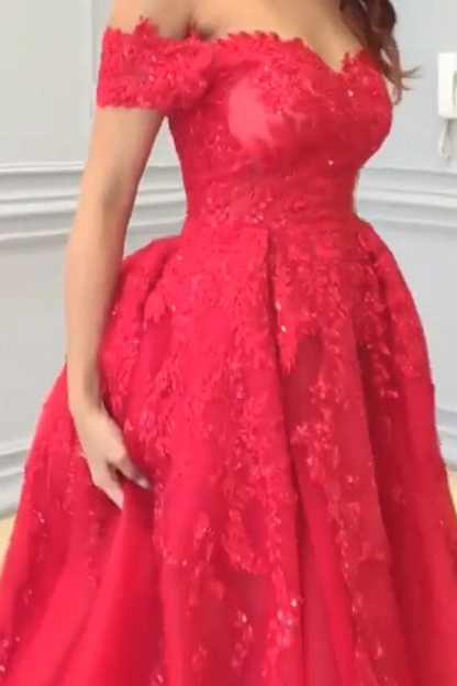 Red Off-the-Shoulder Lace Evening Dress A-Line Beaded Prom Dress