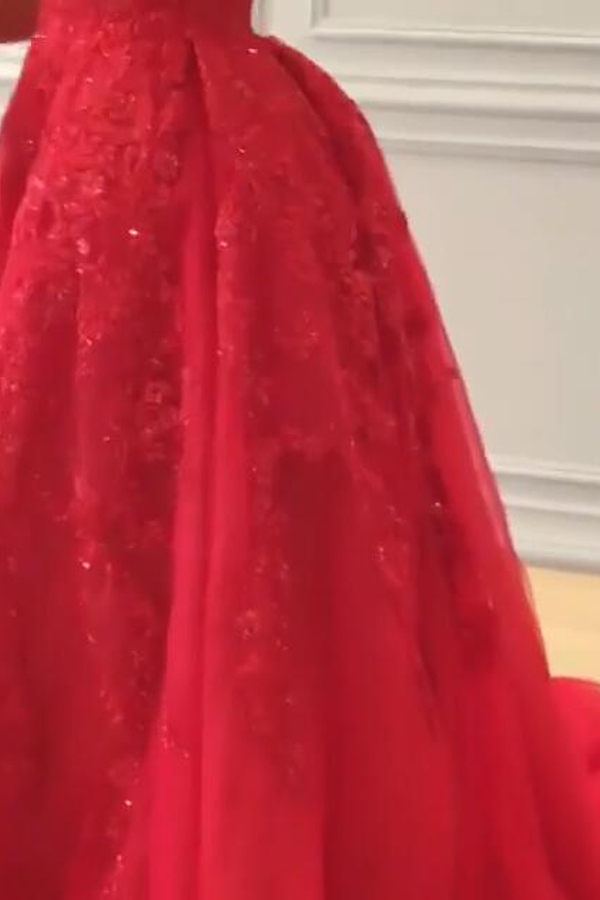 Red Off-the-Shoulder Lace Evening Dress A-Line Beaded Prom Dress