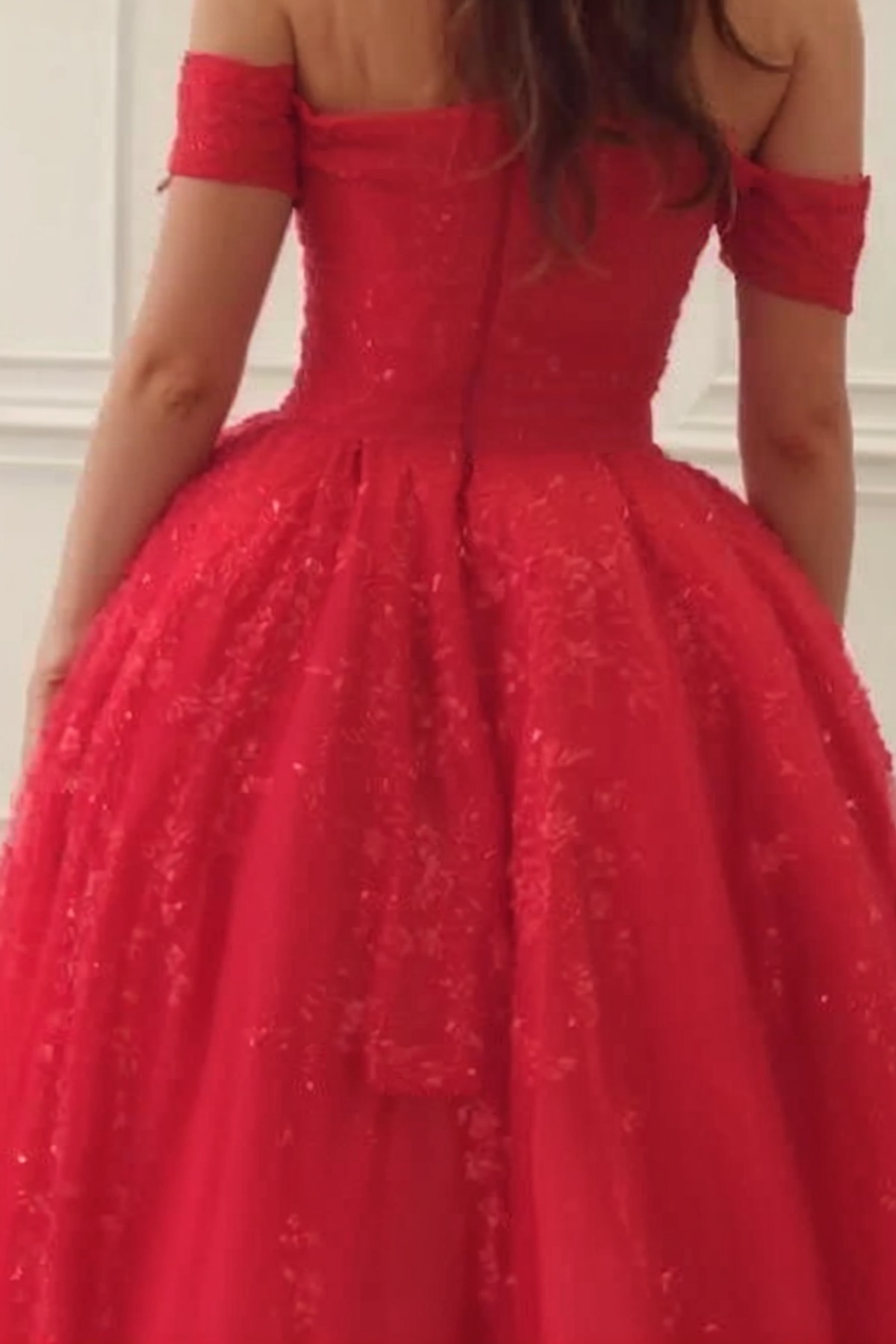 Red Off-the-Shoulder Lace Evening Dress A-Line Beaded Prom Dress