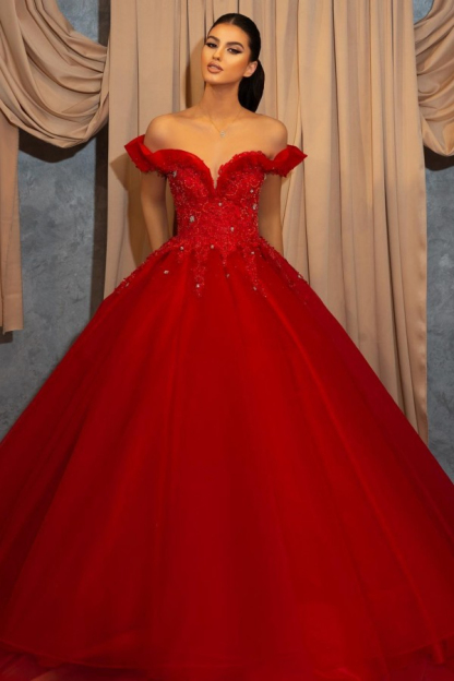 Red One Shoulder Glitter Evening Dress Long Tulle Party Wear Dress