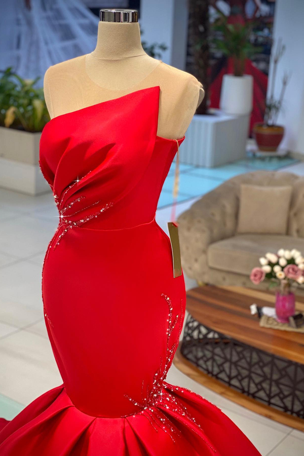 Red Ruched Satin Designer Evening Dress Strapless Long Prom Dress