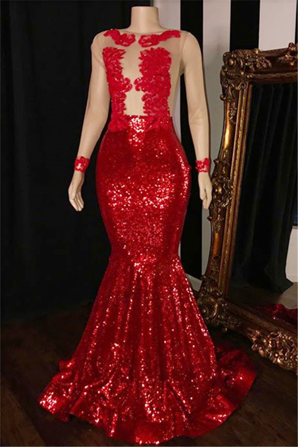 Red Sequins Prom Dress with Sleeves Mermaid Sheer Tulle Evening Gowns