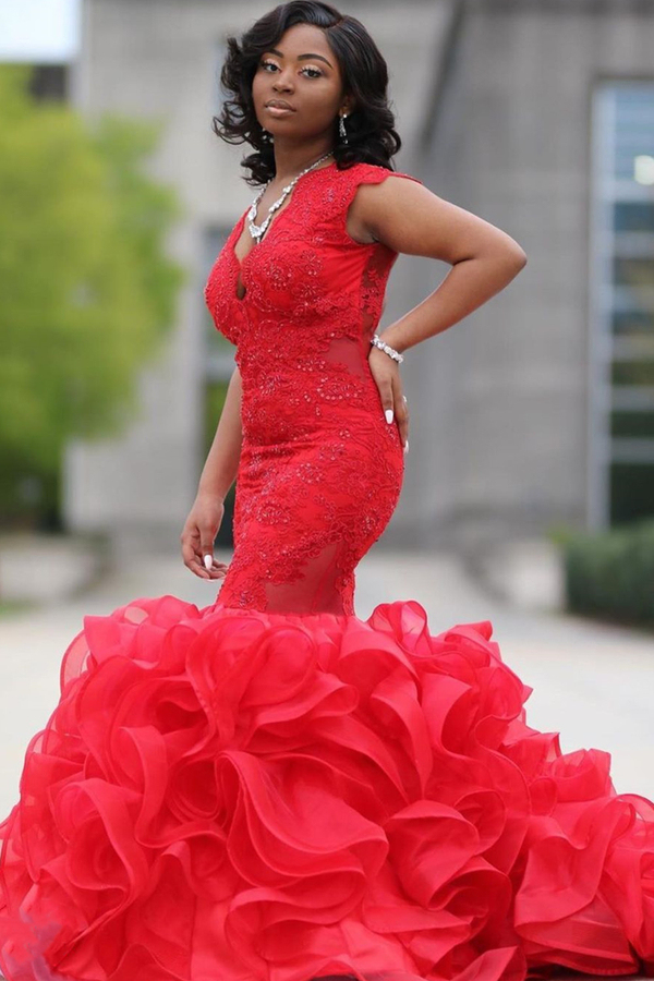 Red Sleeveless Mermaid Evening Maxi Gown with Ruffle Train