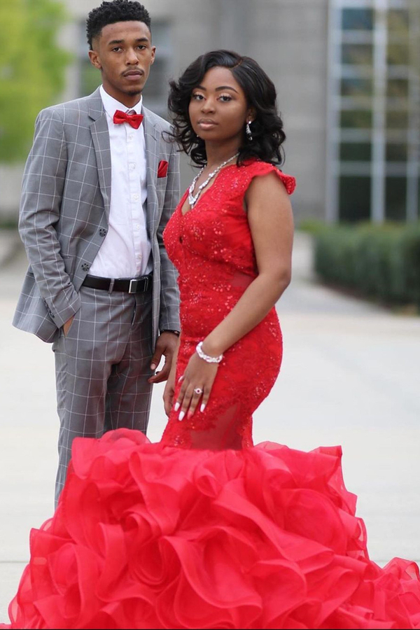 Red Sleeveless Mermaid Evening Maxi Gown with Ruffle Train