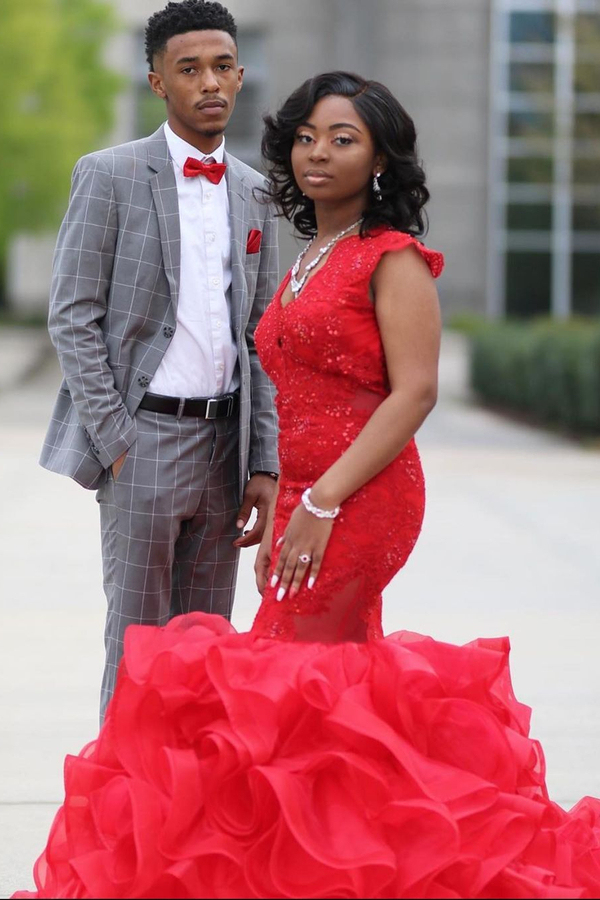 Red Sleeveless Mermaid Evening Maxi Gown with Ruffle Train