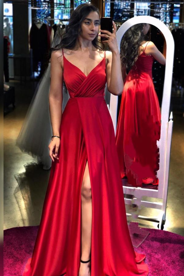 Red Spaghetti Straps A-Line Evening Dress with Side Split
