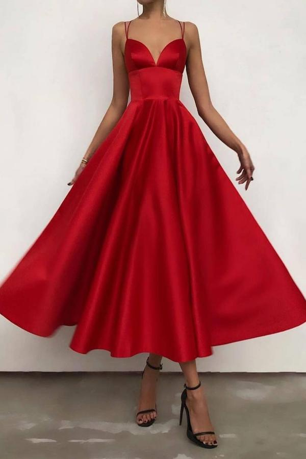 Red Spaghetti Straps V-Neck Daily Wear Dress Vintage Ankle Length Dress