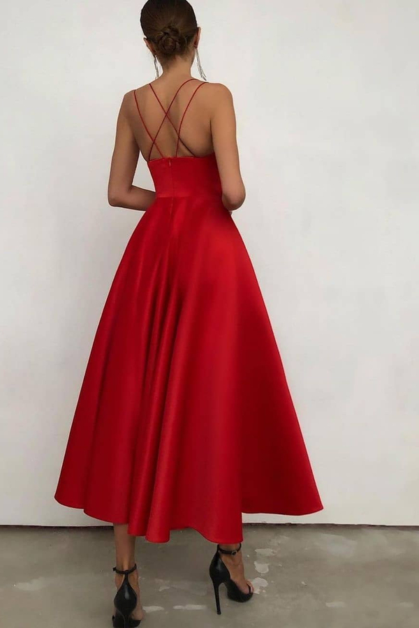 Red Spaghetti Straps V-Neck Daily Wear Dress Vintage Ankle Length Dress