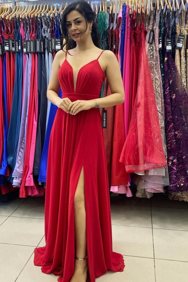 Red V-Neck Side Split Prom Dress Spaghetti Straps